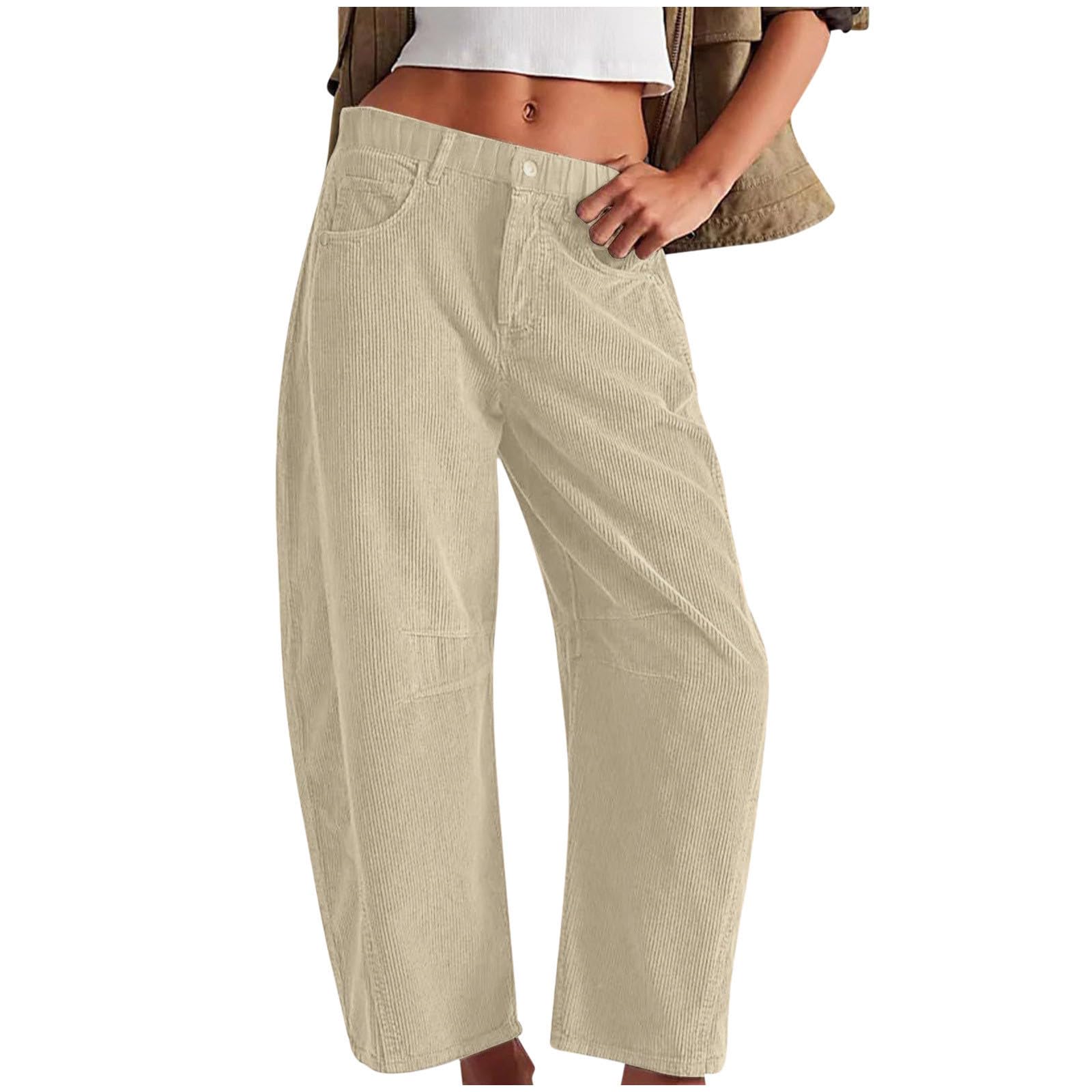 HGps8w Baggy Barrel Corduroy Pants for Women Elastic Waist Stretchy Palazzo Dress Pants Loose Work Trousers with Pockets