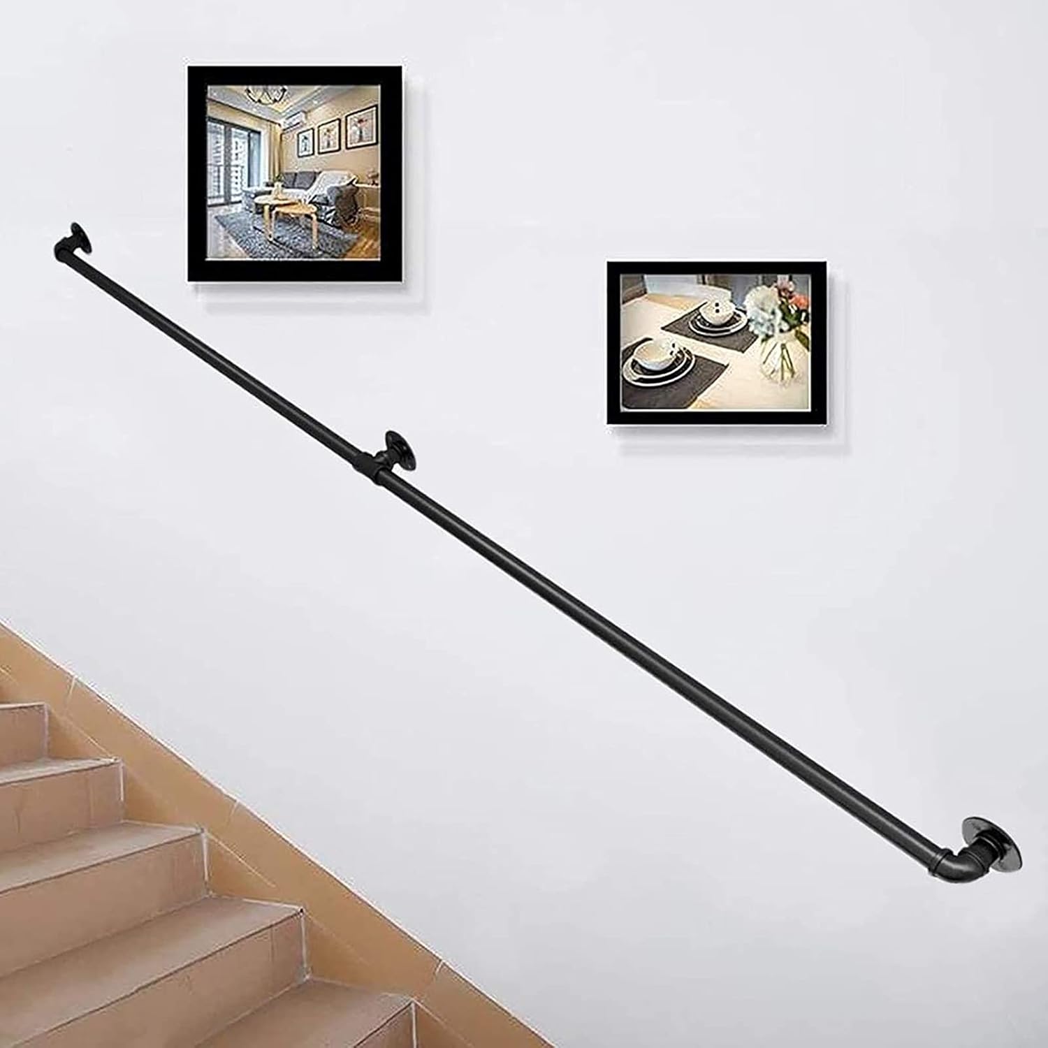 Anti-Slip Staircase Handrail (1ft-20ft). Wrought Iron Banister Rail Wall Support Hand Railings for Stairs, Loft Corridor Railings Support Rod, Complete Kit (Color : Black, Size : 2