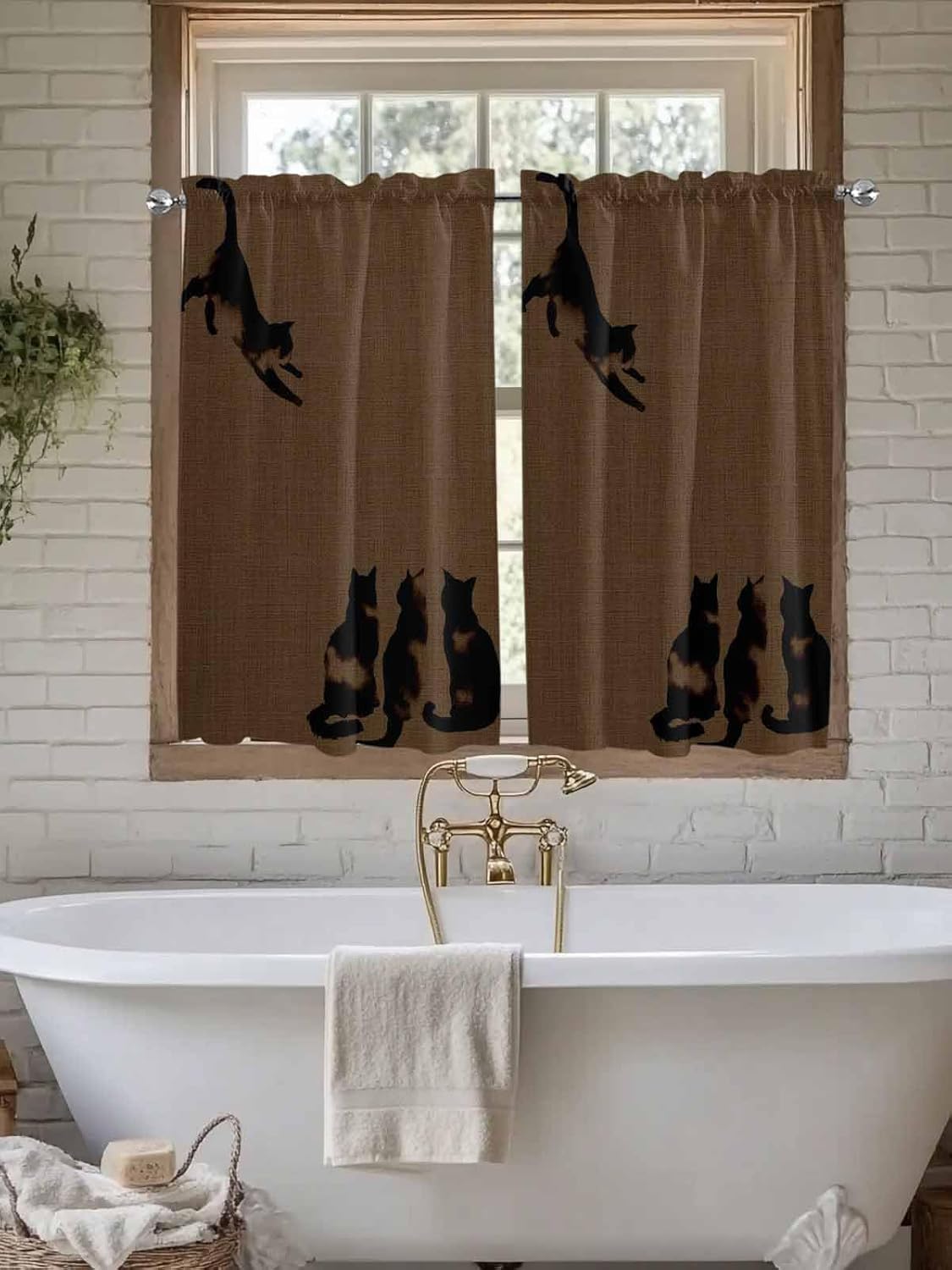 Short Curtains 45 Inch Length - 2 Panels, Black Brown Cat Rod Pocket Curtain Panels, Retro Art Animals Rustic Window Treatment for Bedroom/Kitchen/Bathroom Windows, 55W x 45L Inch
