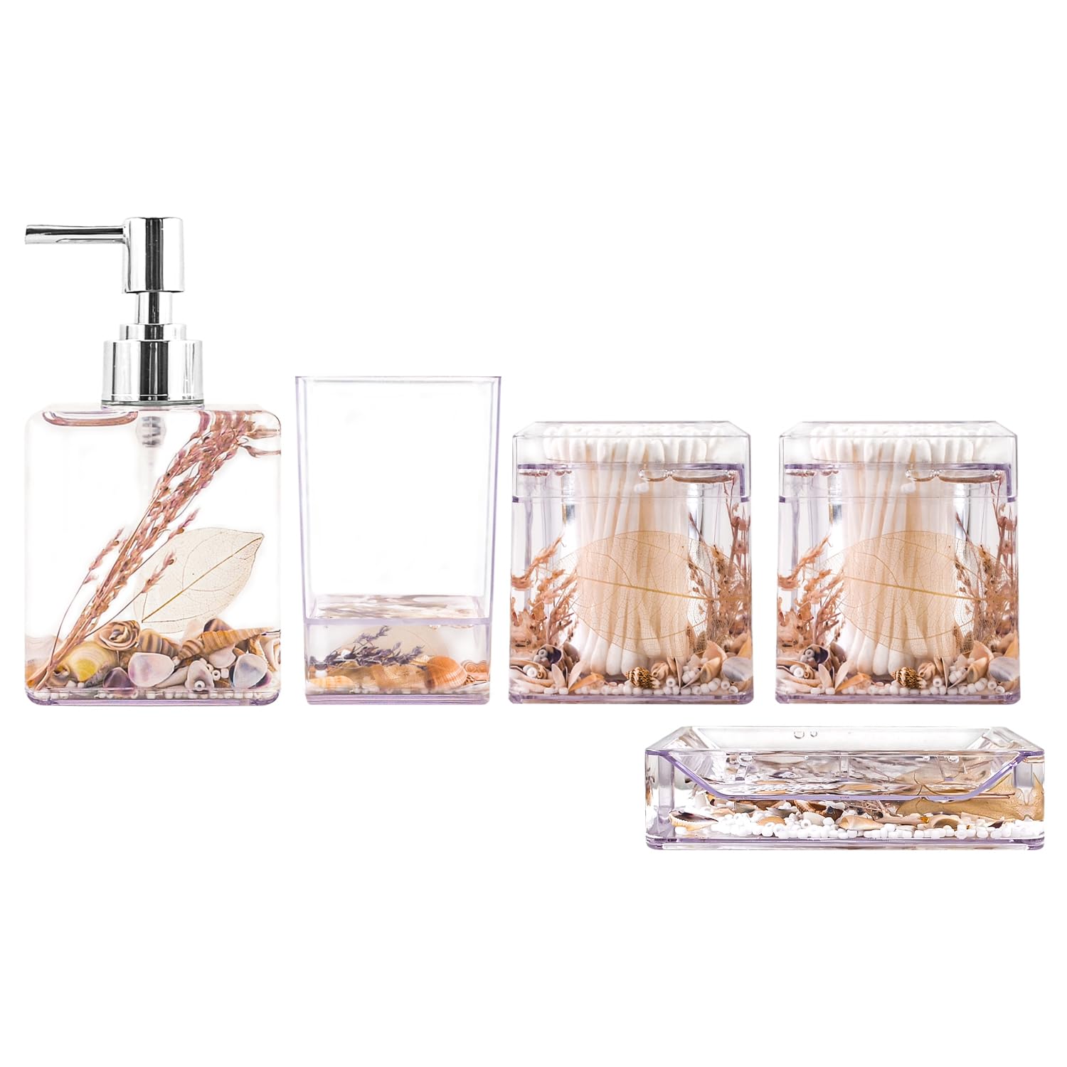 Purple Artemisia Leaves Bathroom Vanity Accessory Sets Acrylic Liquid 3D Floating Bathroom Accessories Set of 5 Pieces Soap Dispenser, Toothbrush Cup,Soap Box,Cotton Swab Boxes LTMYC14SET