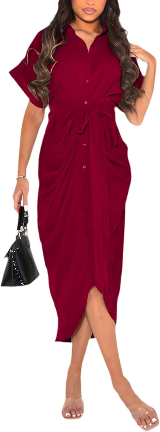 Size L YouSexy Women's Casual Satin Button Down Shirt Dress Short Sleeve Ruched Maxi Dresses with Belt