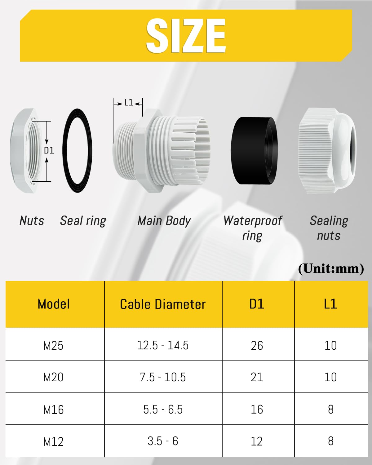 40 Pcs M12 M16 M20 M25 X 1,5 Presse-étoupe Plastique Cable Gland - Foto 11