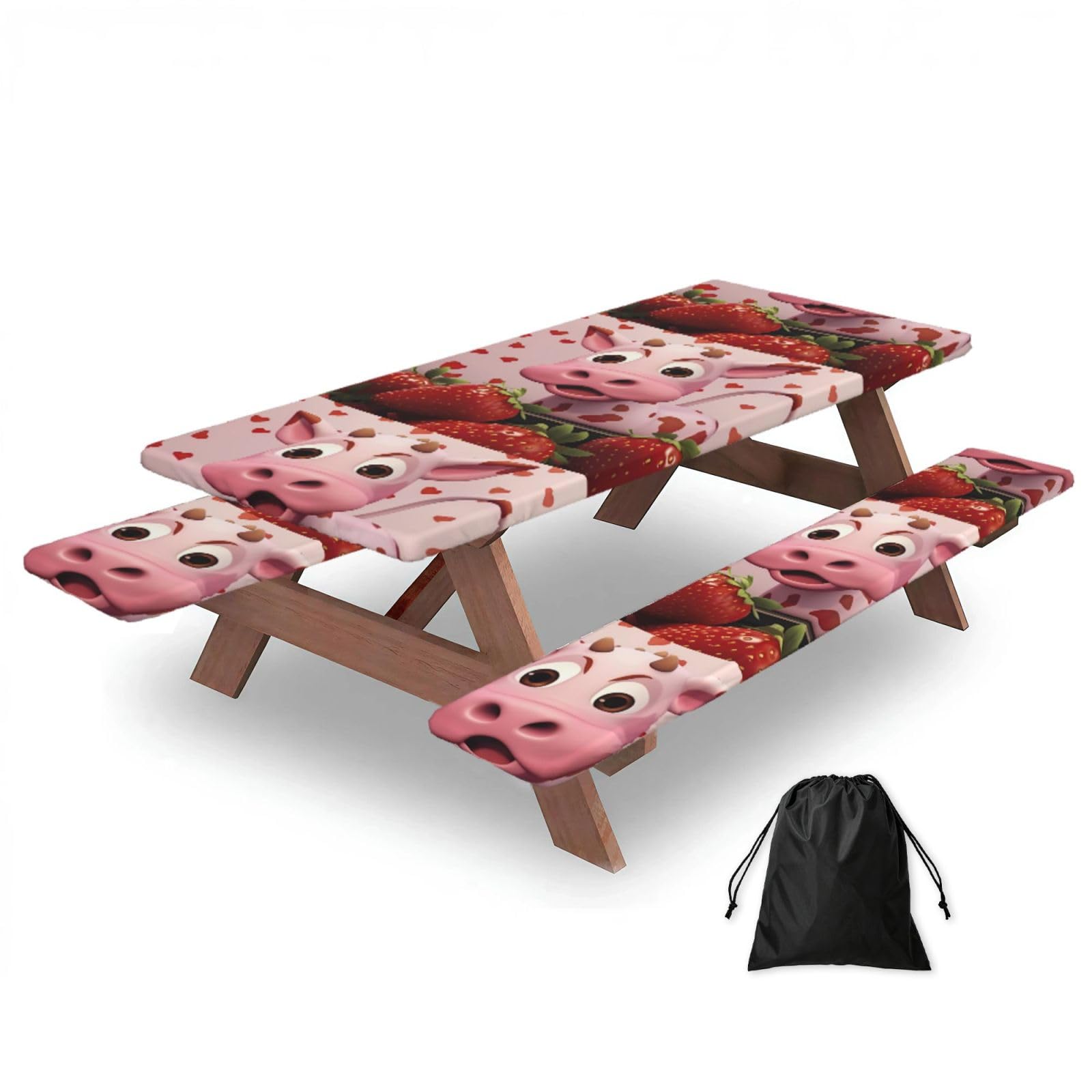 Erwqavc Black Pink Cow With Strawberries Print Picnic Table Cover & Bench Covers 3-Pack Set, Elastic Tablecloths For 6 Ft Rectangle Tables