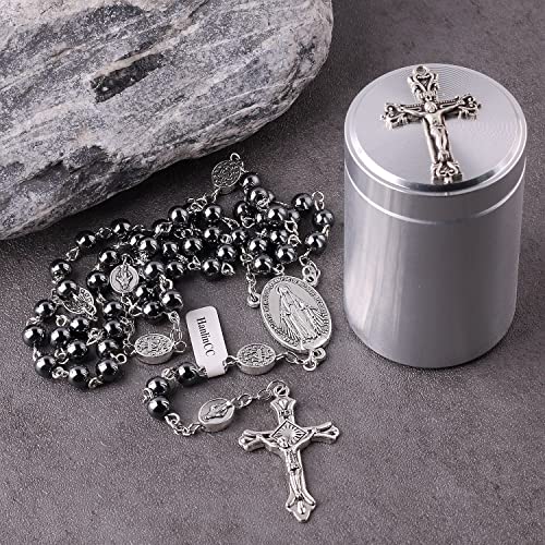 HanlinCC 6mm Hematite black stone beads Miraculous Rosary Necklace with Cross Metal Gift Box ofr Men and Women4