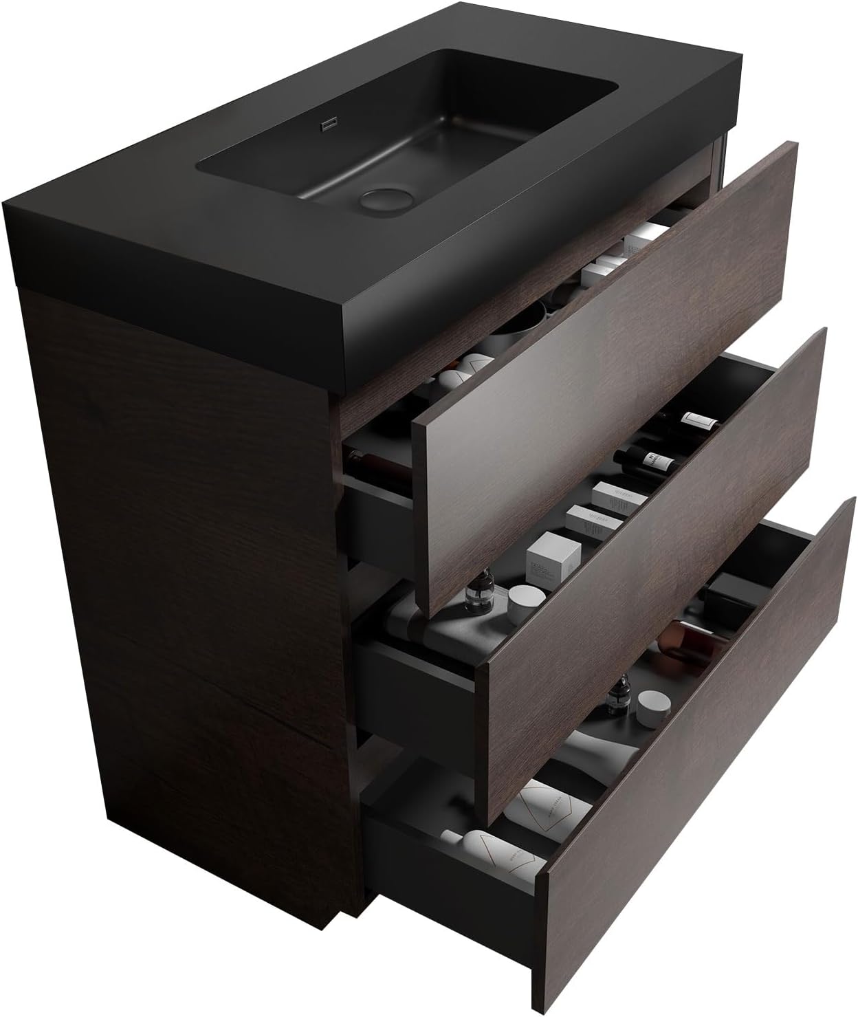 LKTART 36" Walnut Bathroom Vanity with Black Sink Freestanding Vanity Floating Bathroom Vanity One-Piece Sink Basin for Bathroom