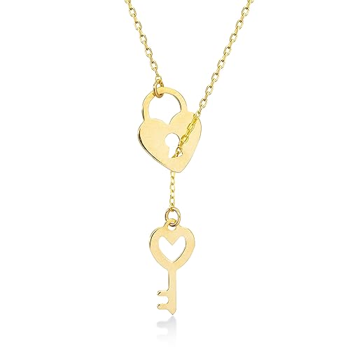 14k Solid Gold Heart Locke & Key Necklace for Women Lariat Y Necklace Heart and Key Pendant Dainty Love Necklaces Jewelry Yellow, White Or Rose