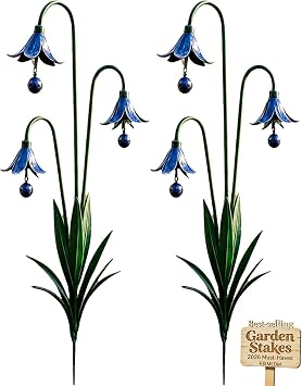 2026 New Triple Bluebell Garden Stake with Bells Handmade 26inch Large Metal Flower Outdoor Patio Decoration, Elegant Floral Yard Art Sculpture and Rain Chimes for Path, Flowerbed and Lawn