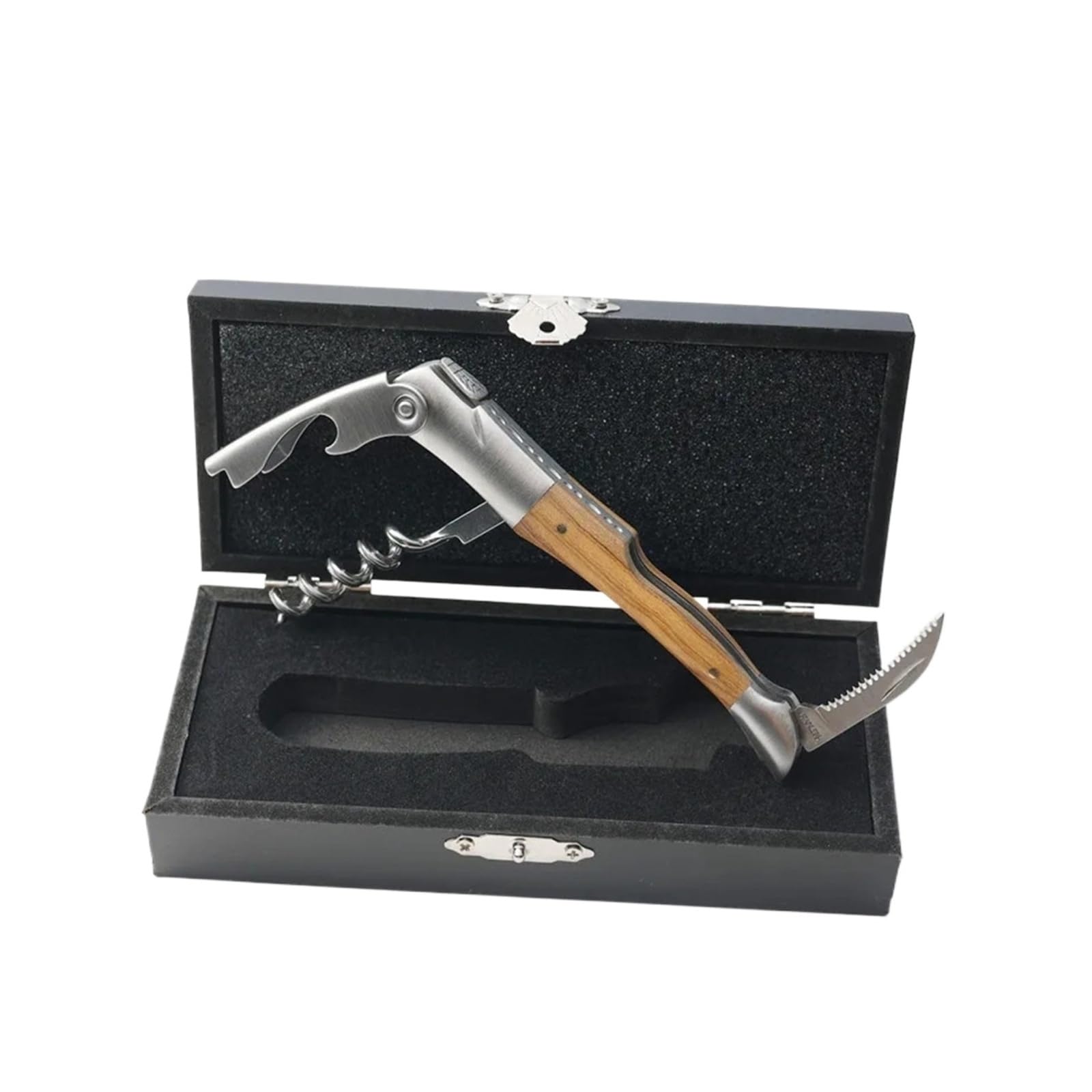 Holzgriff Korkenzieher Weinöffner Messer Edelstahl Bierdosen Flaschenöffner(Dark Olive Wood Box)