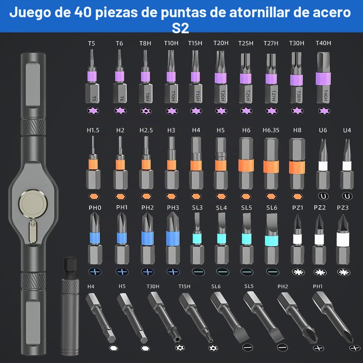 Juego de destornilladores de carraca 42 en 1, destornillador magnético de precisión con 40 puntas S2, mango en T modular y 3 mangos combinados, juego de herramientas de carraca mini con caja para