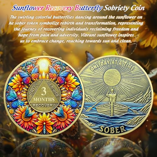 Image of Delicate Sunflower 3 Month Sobriety Coin - One Day at A Time 90 Day AA Sobriety Chip - Recovery Butterfly NA AA Chips and Medallions - 1-40 Years Living Clean Alcoholics Anonymous Gifts for Men Women
