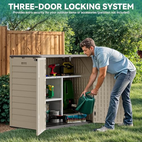 Image of YITAHOME Outdoor Storage Shed w /o Shelf, 30 cu ft Horizontal Storage Shed Outdoor, Resin Waterproof Storage Cabinet for Garage, Poolside, Bikes, and Garden (Khaki + Black)