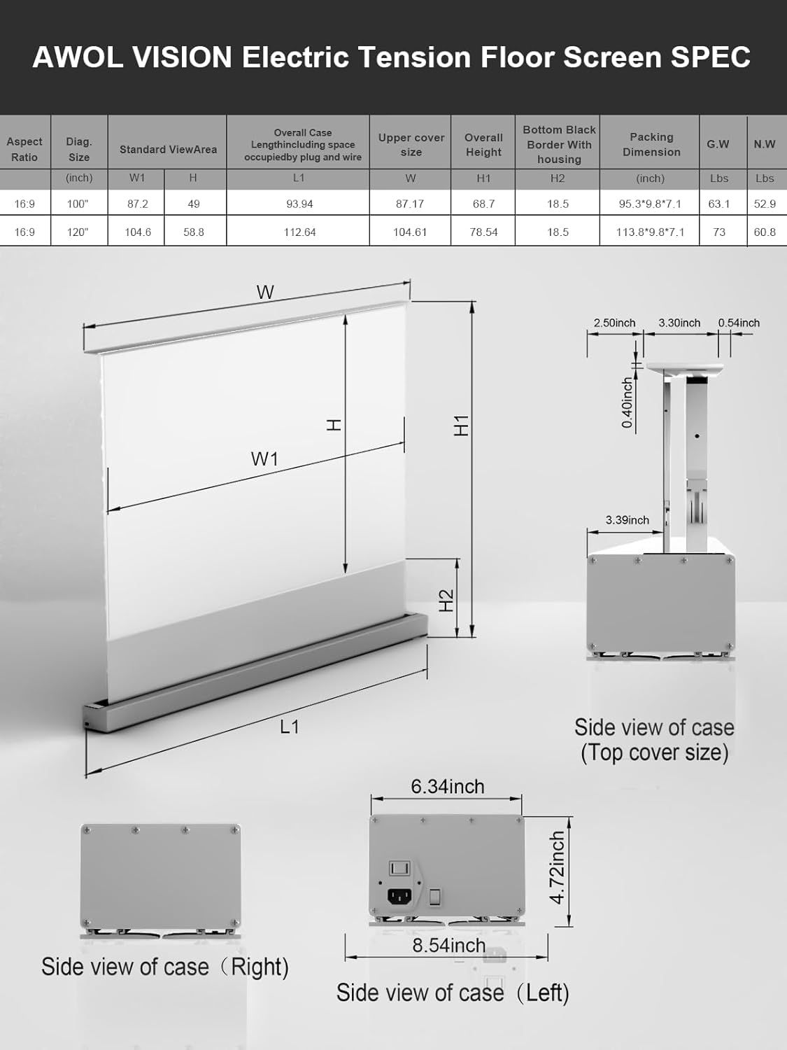 AWOL VISION ALR-F230C Écran de projection motorisé ALR pour projecteur à ultra courte portée, écran de projection pour home cinéma, 4K/8K Ultra HD, 95 % de rejet de la lumière ambiante