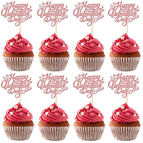 Gyufise 24Pcs Happy Valentine's Day Cupcake Toppers Glitter Sweet Love Be Mine Valentines Cupcake Picks Valentine's Day Theme Birthday Party Cake Decorations Supplies Rose Gold
