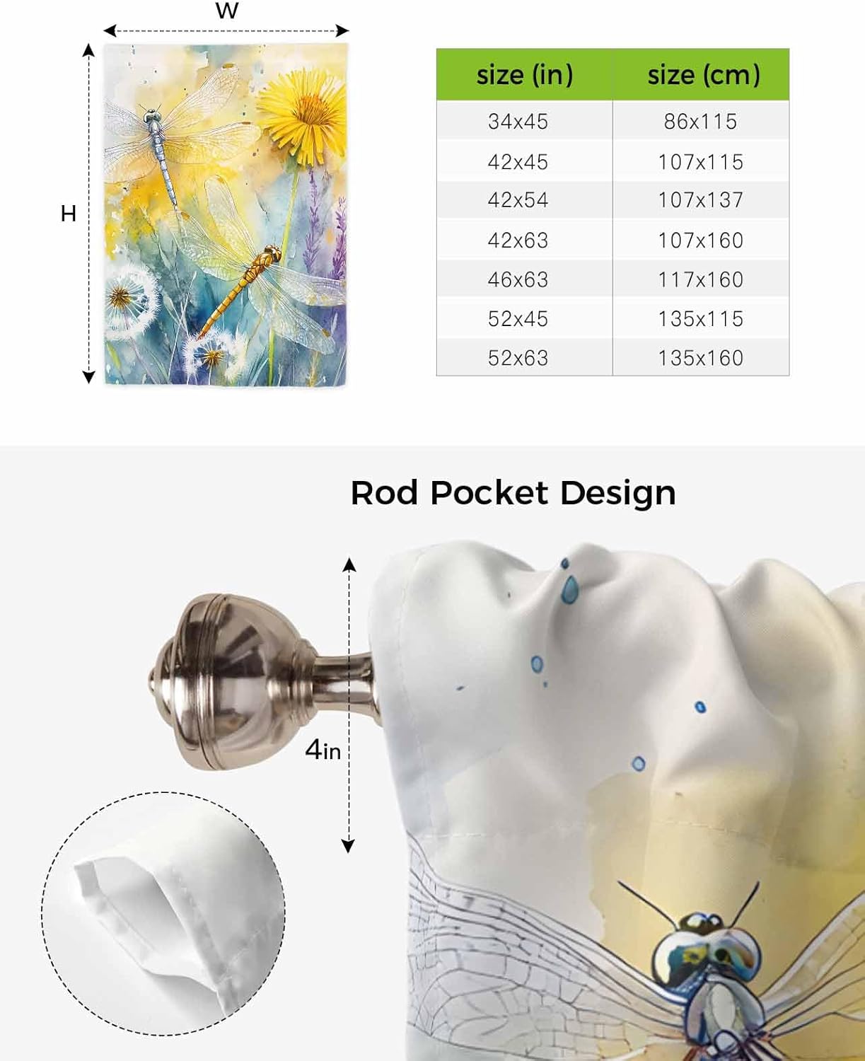 Tie Up Curtain for Windows Dragonfly Flower Balloon Window Shades for Bedroom Bathroom Adjustable Rod Pocket Spring Pastoral Window Treatment Curtains Valance for Kitchen 52" W x 63" L