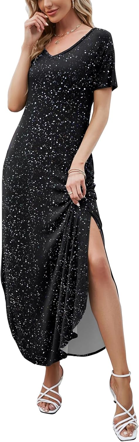 HUSKARY Women's Summer Maxi Dress Casual Loose Pockets Long Dress Short Sleeve Split Maxi Dresses - Image 5