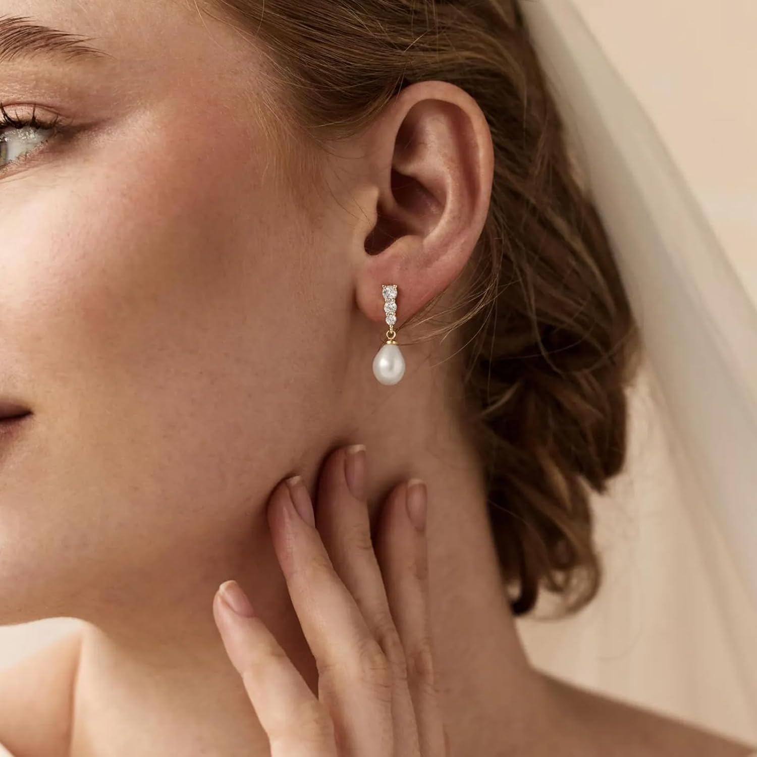 Pearl Drop Earrings Round Cubic Zirconia Dangle Gold Jewelry for Bridal Bridesmaid Wedding Jewelry Elegant Long Linear CZ Pearl Stud Earrings for Birthday Gift - Image 4
