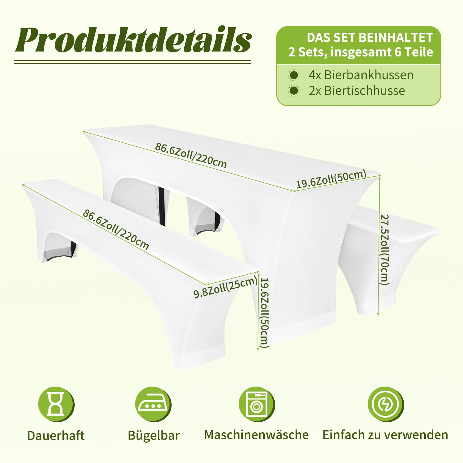 Zwei 3er-Sets Biertischhusse, weiße Stretch Biertisch und Bankgarnitur hussen 220 x 50 x 80 cm, Elastische Biertischhussen für 50 cm Tischbreite, Bierzeltgarnitur für Bankett Gartenmöbel