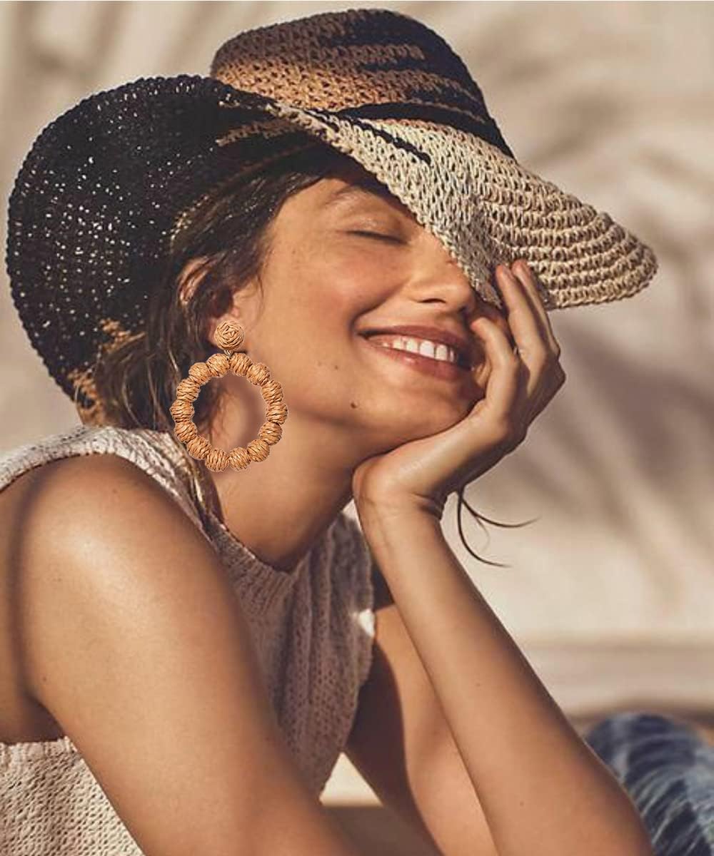 Rattan Earrings Rattan Ball Hoop Dangle Earrings for Women Handmade Bohemia Earrings Braid Straw Wicker Raffia Earrings Summer Beach Accessory Gifts - Image 3