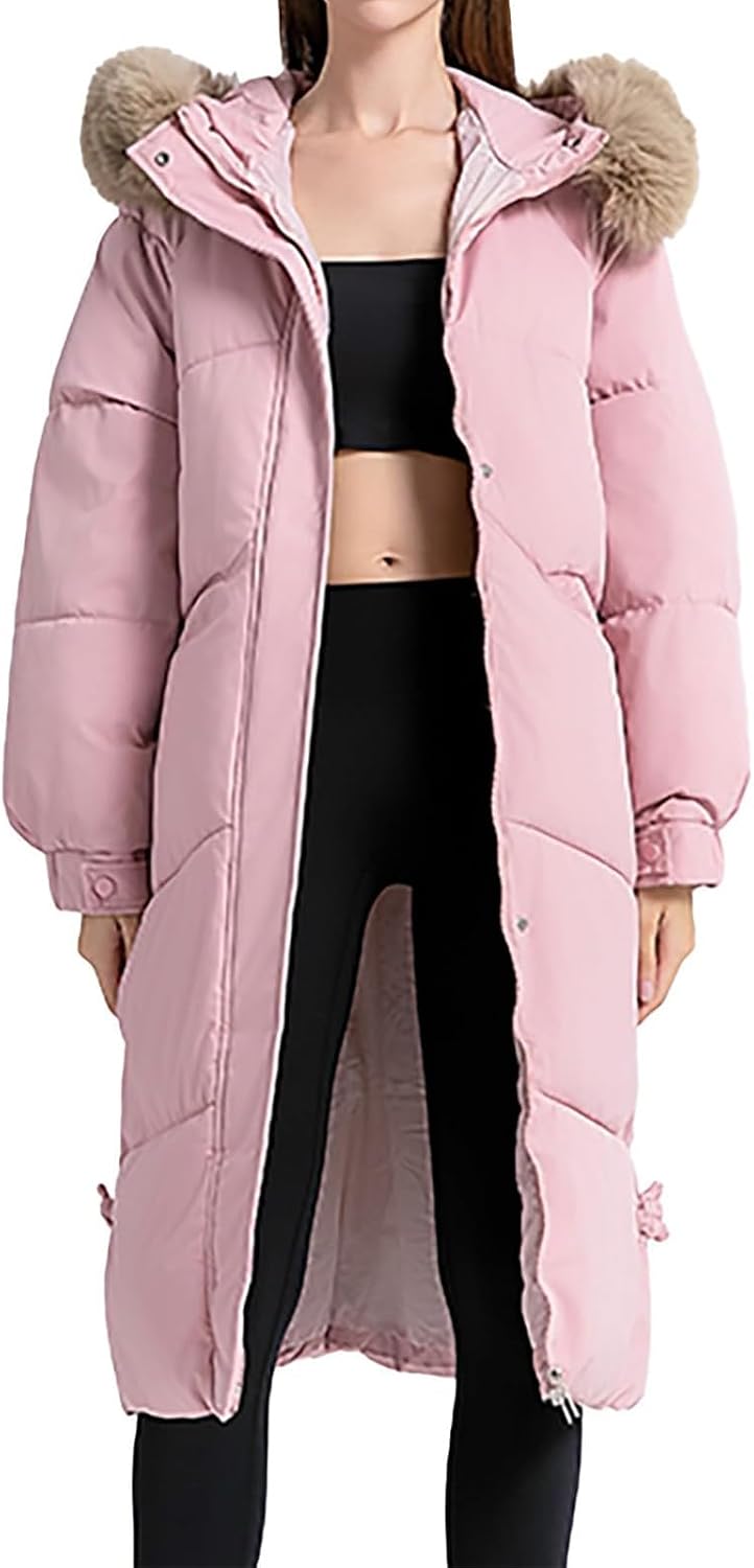 Womens Long Puffer Jacket Thickened Faux Fur Hooded Quilted Jacket Plus Size Zip Up Long Sleeve Warm Jackets Outwear