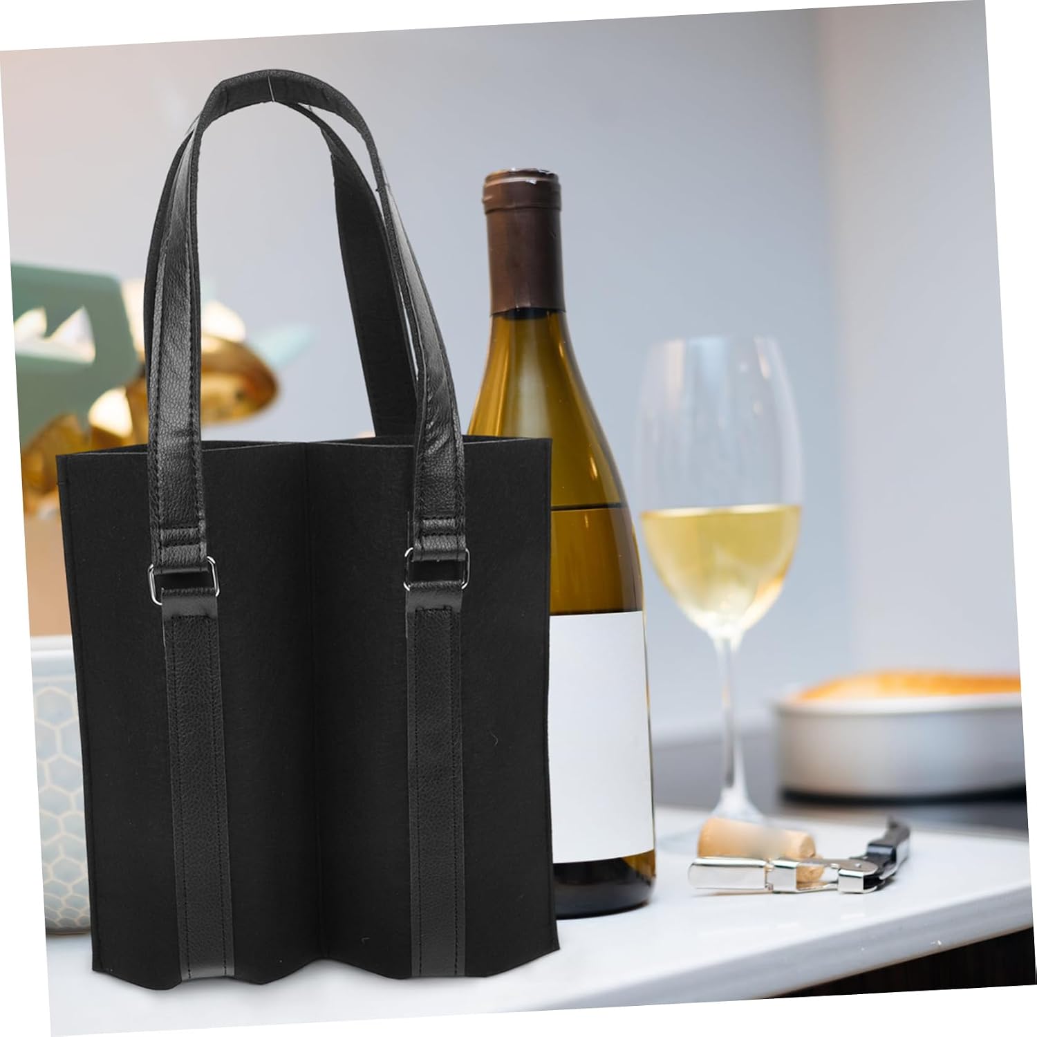 Wine Bottle Carrier Two Pack Felt and Leather Carry Handle