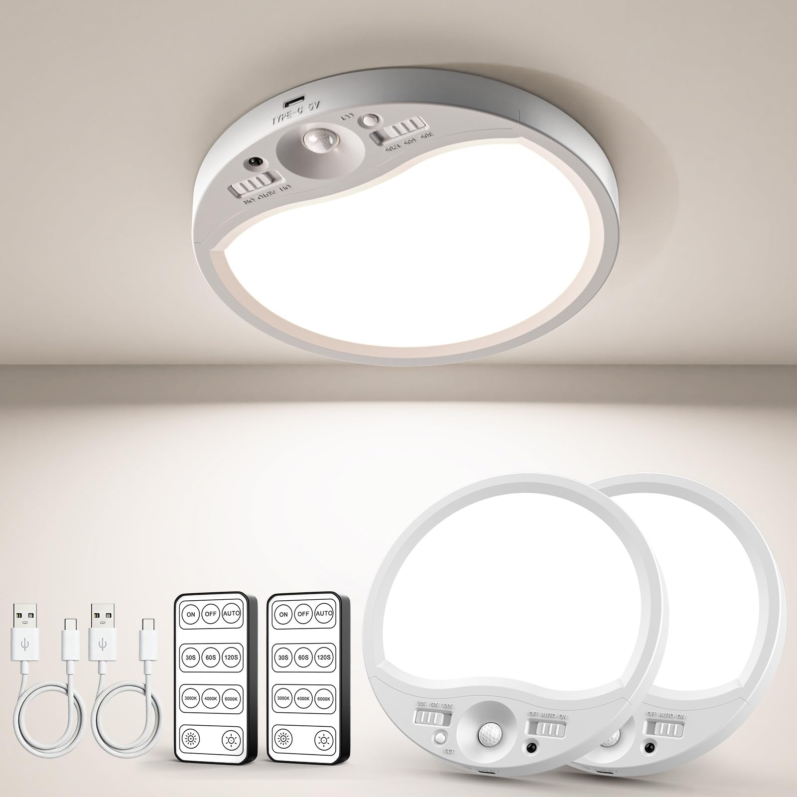 Tanbaby Rechargeable Motion Sensor Ceiling Light Indoor with Remote, 8000mAh Magnetic Battery Operated Lights, 3 Colors Dimmable LED Ceiling Lights,Wireless Wall Lights for Bath,Hallway,Garage(2pcs)