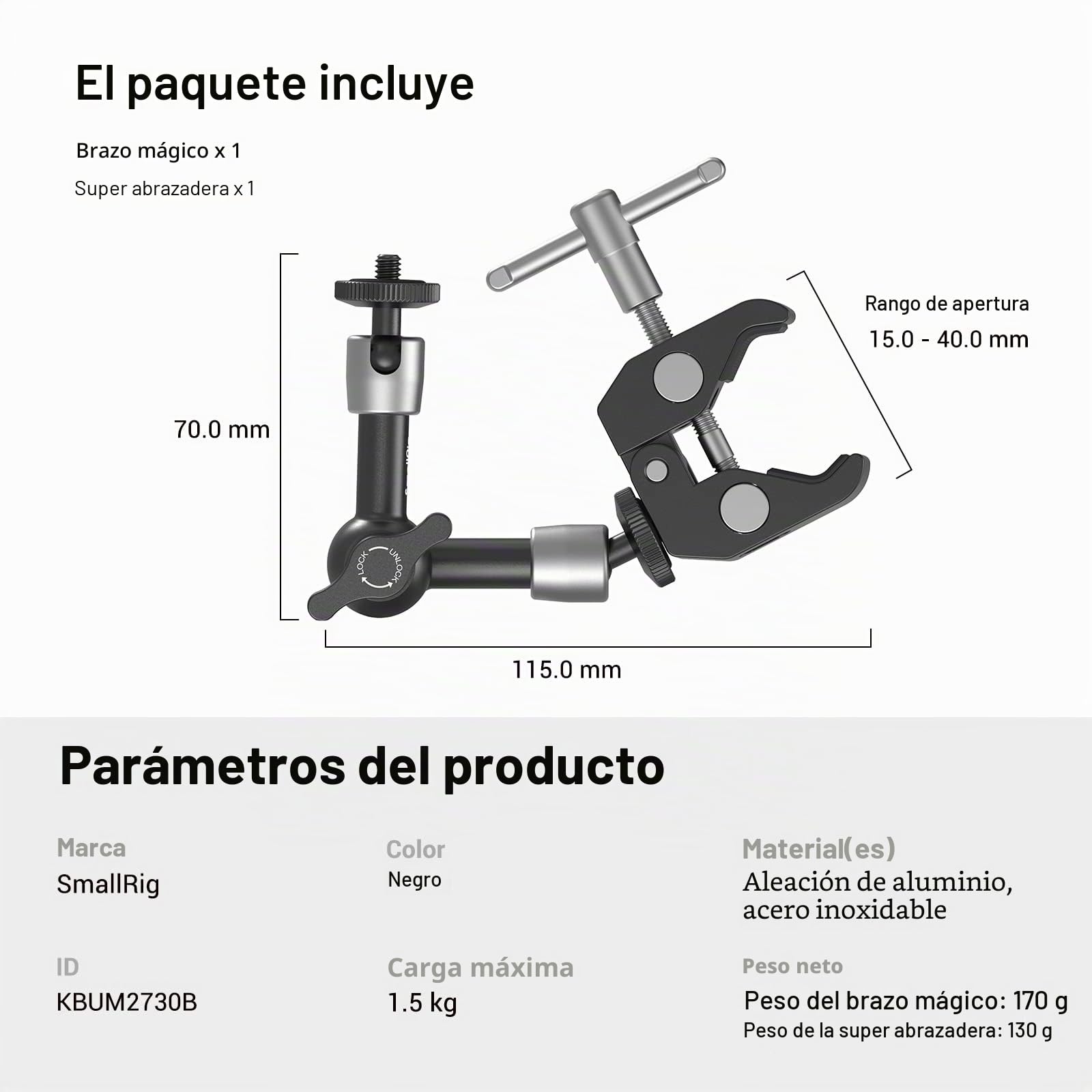 SMALLRIG Brazo Magico 5 Pulgadas con Super Clamp Pinza, Carga 2.5kg de Aleación de Aluminio para Monitor y luz LED - KBUM2730