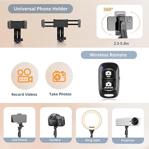 Miniatura 6 de Eicaus Anillo de luz plegable de 14 pulgadas con trípode de teléfono de 67 pulgadas de alto, luz para selfie con control remoto para grabación de