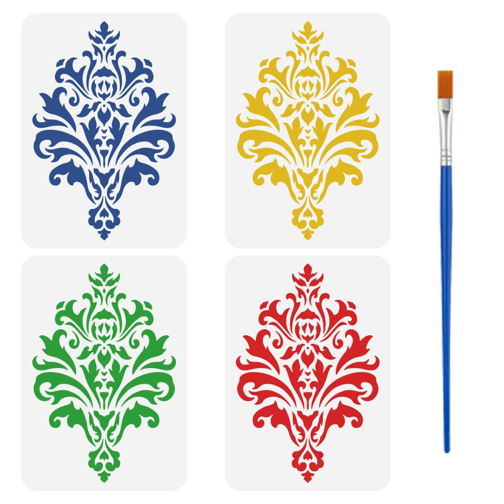 FINGERINSPIRE 4PCS Damask Stencils 8.3x11.7 Inch/21x29.7CM Textured Border Reusable Painting Stencils Damask Plastic Drawing Templates for DIY Home Decor Crafts and Art Projects