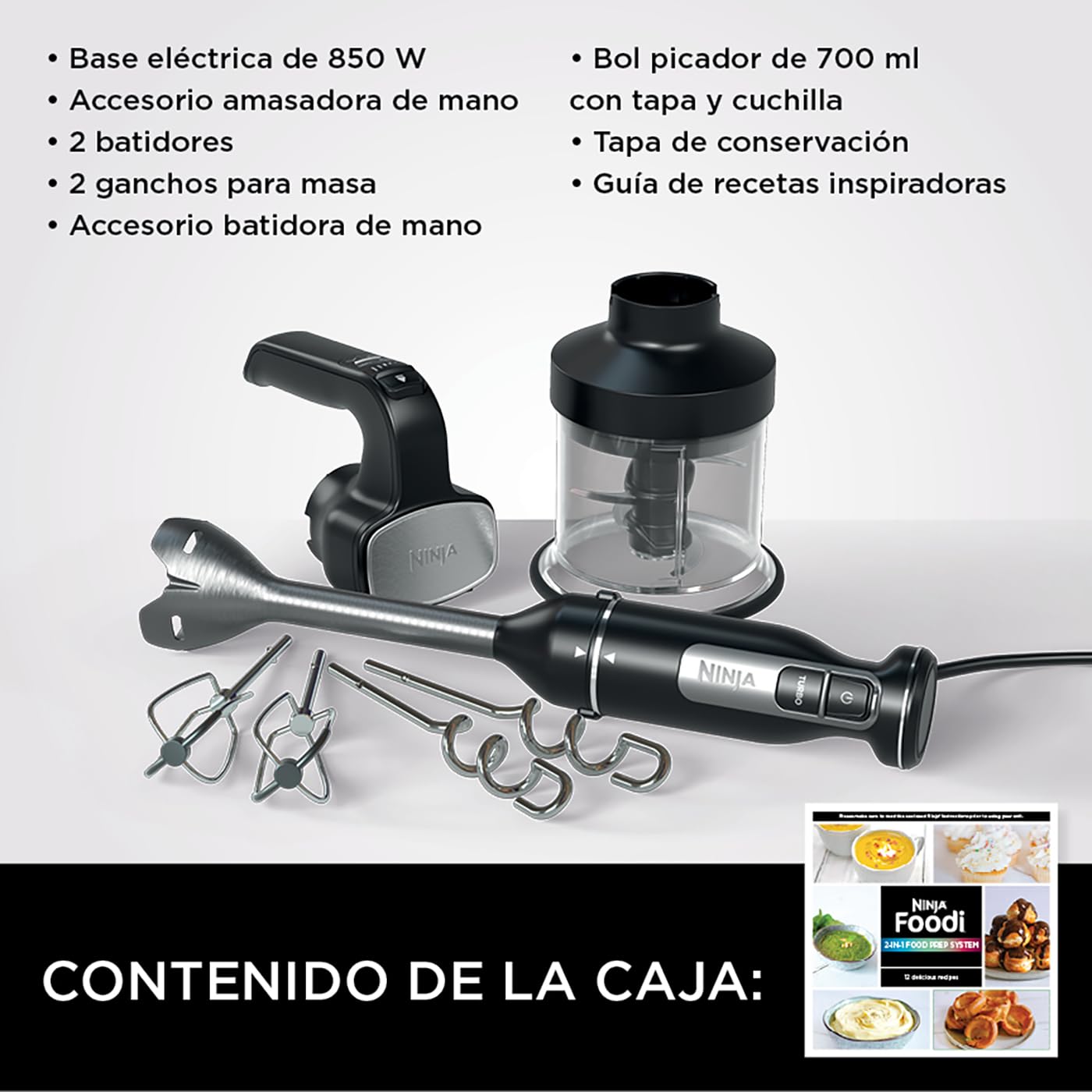 Ninja Foodi Batidora de mano 3 en 1, 850 W, 2 velocidades de batido y 5 velocidades de mezclado para picar, mezclar, amasar, batir y más, piezas aptas para lavavajillas, en negro, CI100EU