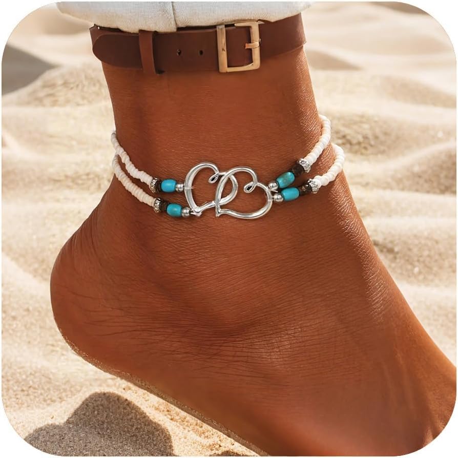 Elastic Beaded Anklets for Women Multicolour Beaded Double – Layer Anklets Silver Interlocking Heart Charms Boho Beach Jewelry