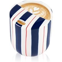 1 pcs Ceramic Mug with Sip Hole 10 oz Blue Wide Striped | Ice Coffee Mug, Travel Mug, Novelty Hand Painted, Heat Resistant, Non Slip, Built in One Lid, Coffee Lovers Appreciation Gift