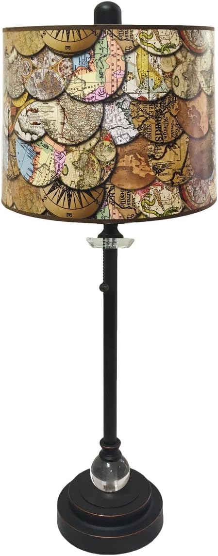 Royal Designs, Inc. Oil Rubbed Bronze 28" Buffet Lamp with Crystal, Includes Vintage Old World Maps Design Hard Back Lamp Shade, Single