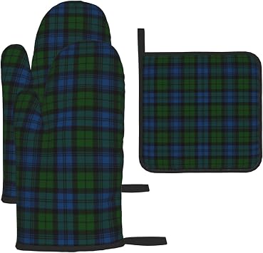 Oven Mitts and Pot Holders Sets of 3, Clan Campbell Tartan Scottish Plaid Heat Resistant Oven Gloves, for Kitchen Cooking Baking Grilling