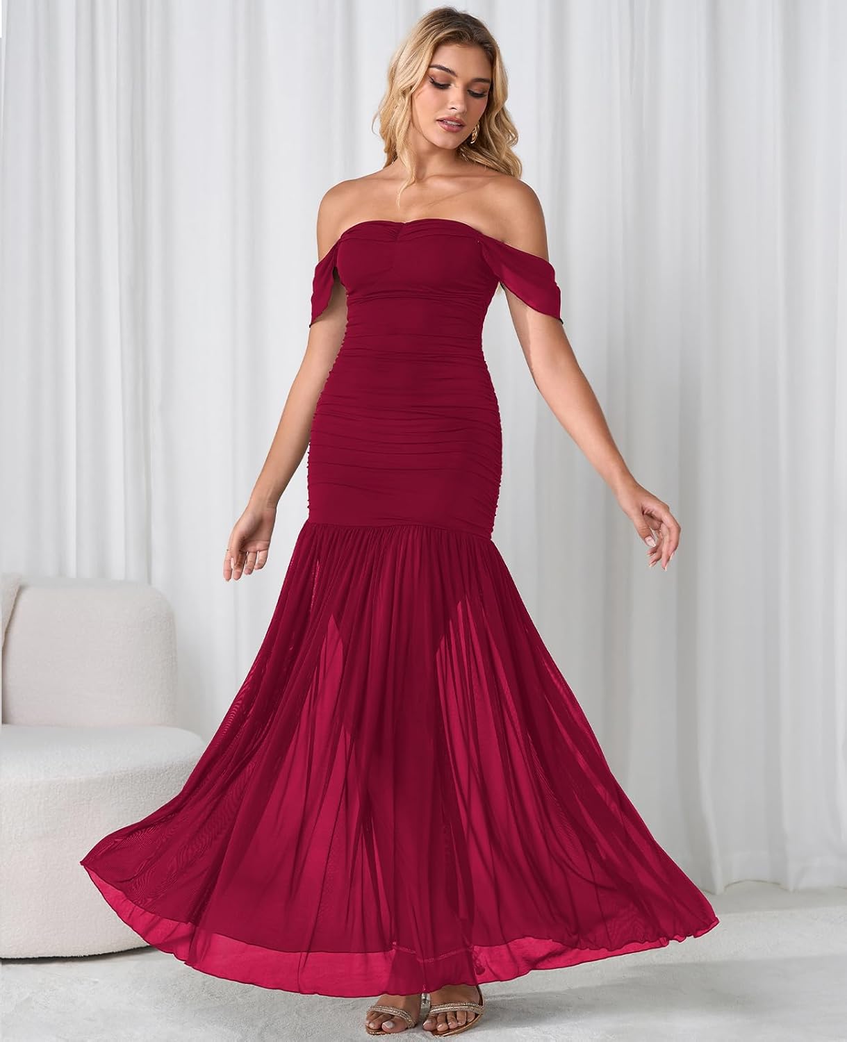 XinFSh Women's Off The Shoulder Maxi Formal Wedding Guest Dress Ruched Mesh Bodycon Long Cocktail Dresses - Image 5