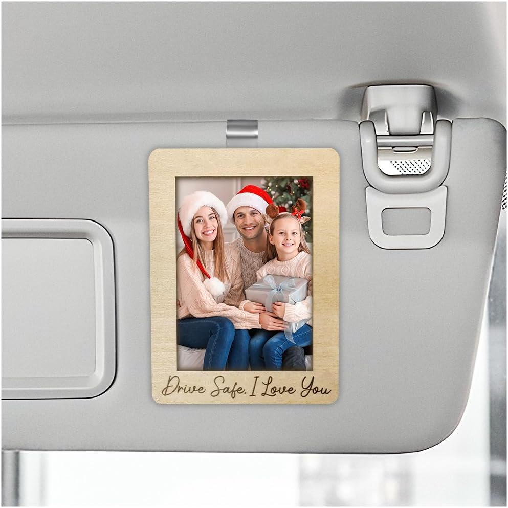 Car Visor Picture Frame, Drive Safe I Love You Wooden Photo Frame Visor Clip, Sunvisor Personalized Picture Holder Memorial Gift for Mom Dad Grandpa, Car Accessories