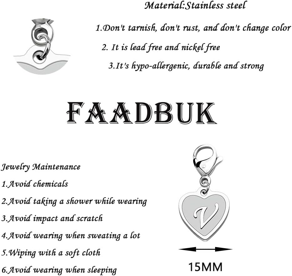 FAADBUK Initial Letter A-Z Alphabet Heart Charms for Jewelry Bracelet Keychain Necklace Initial Stainless steel Clasp Clip on Charm - Image 2