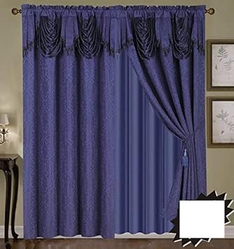 WPM Luxury Embroidered Curtain Set. 4 Piece Navy Drapes with Backing & Valance & Tie Backs