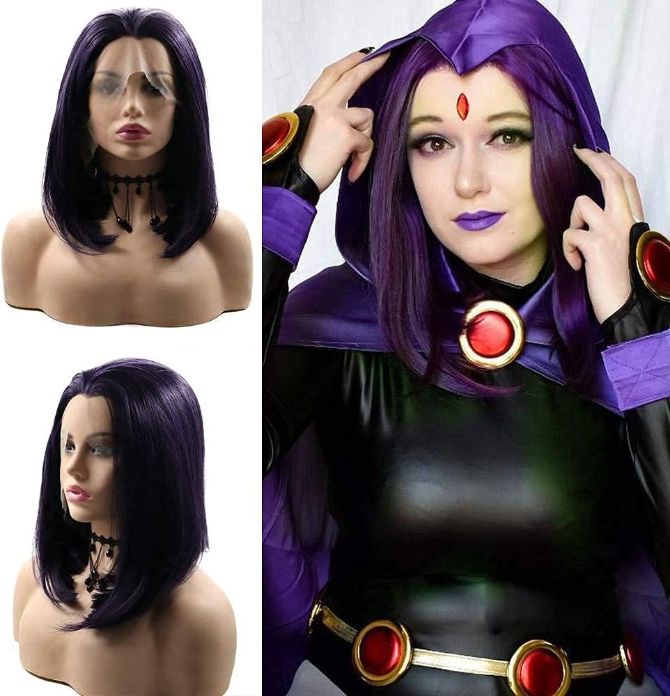 Purple Short Bob Lace Front Wigs for Women Blend Purple Handmade Wig Realistic Natural Hairline Glueless Synthetic Silky Straight Wig Glueless Heat Resistant Hair Cosplay Daily Summer Wigs 14 Inch