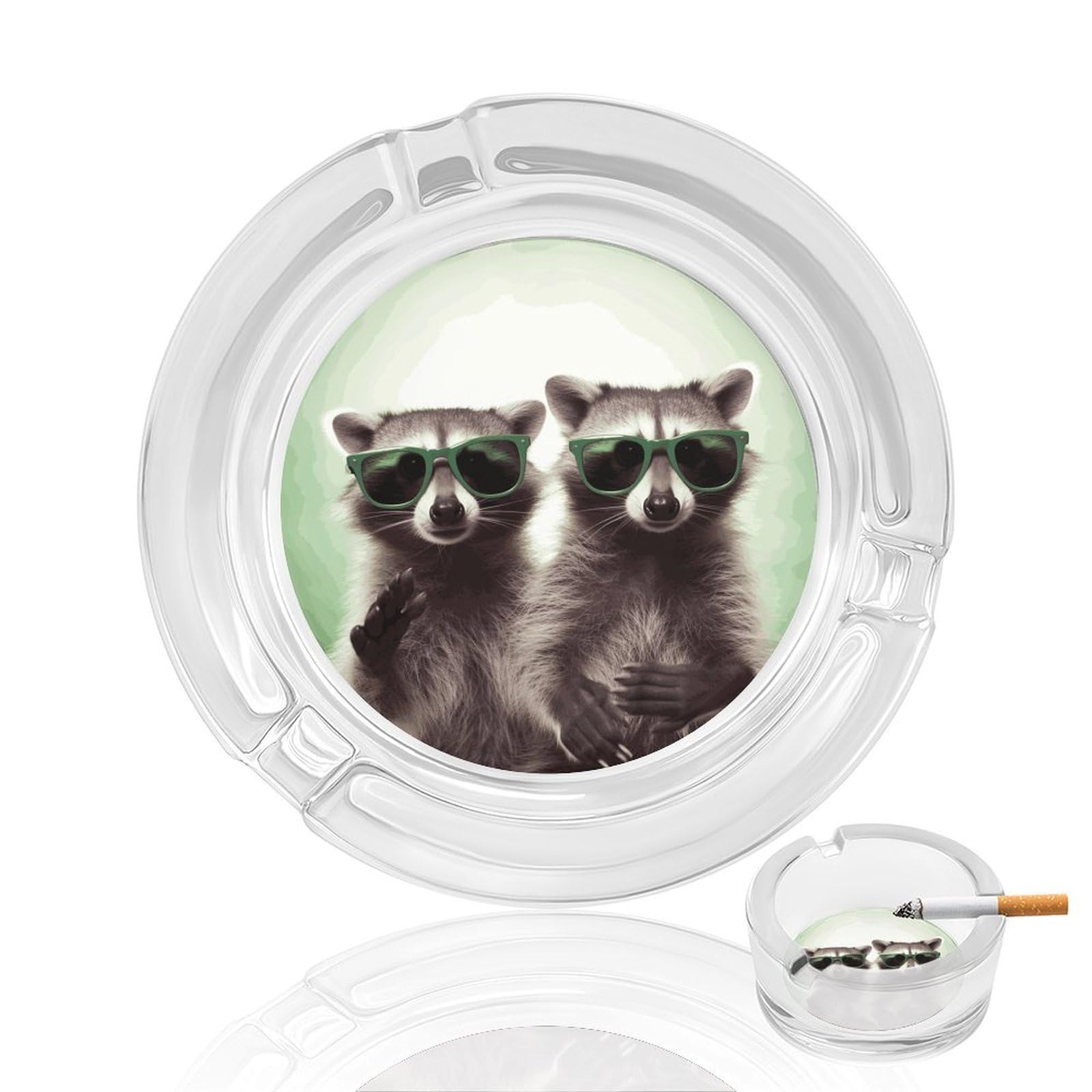 Funny Raccoon Green Sunglasses Glass Ashtray for Cigarette,Cigarette Ashtray for Indoor Or Outdoor Use,Cigar ash trays case with 3 Notches-Glass Decor Gift for Men Smokers