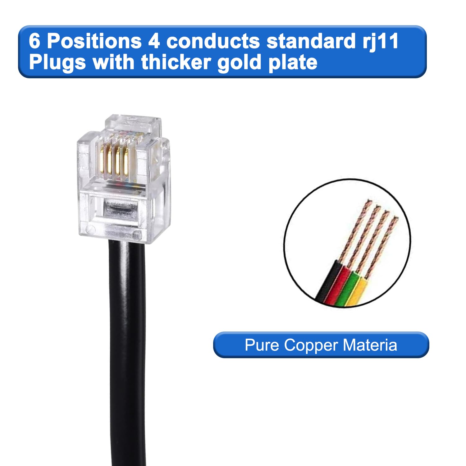Paquete de 4 cables de extensión para teléfono, cable de teléfono con enchufe RJ11 estándar (6P4C), negro, para teléfonos fijos, fax, módems, contestadores automáticos