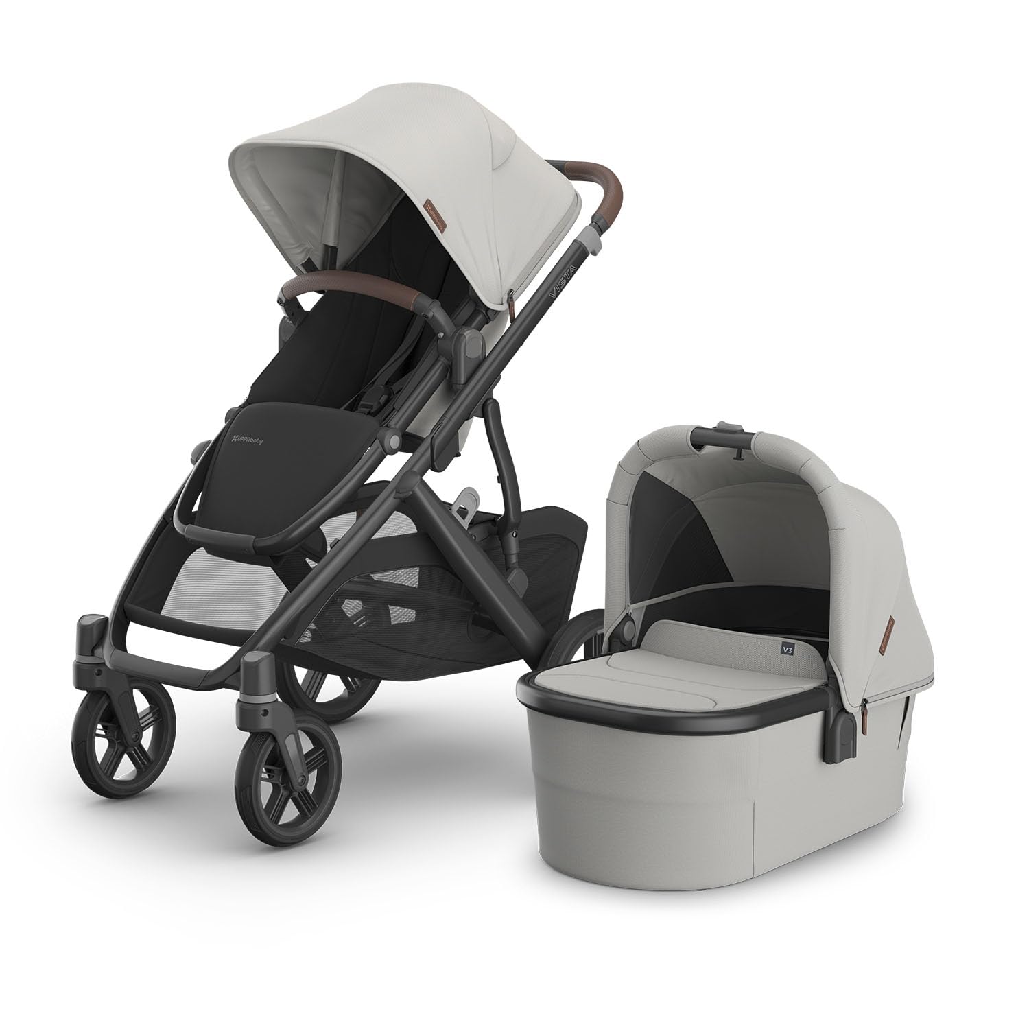 UPPAbaby Vista V3 Stroller + Bassinet V3 – Convertible Single-to-Double Stroller System- Bassinet, Toddler Seat, Bug Shield, Rain Shield Included – Savannah (Pearl Gray/Carbon Frame/Chestnut Leather)