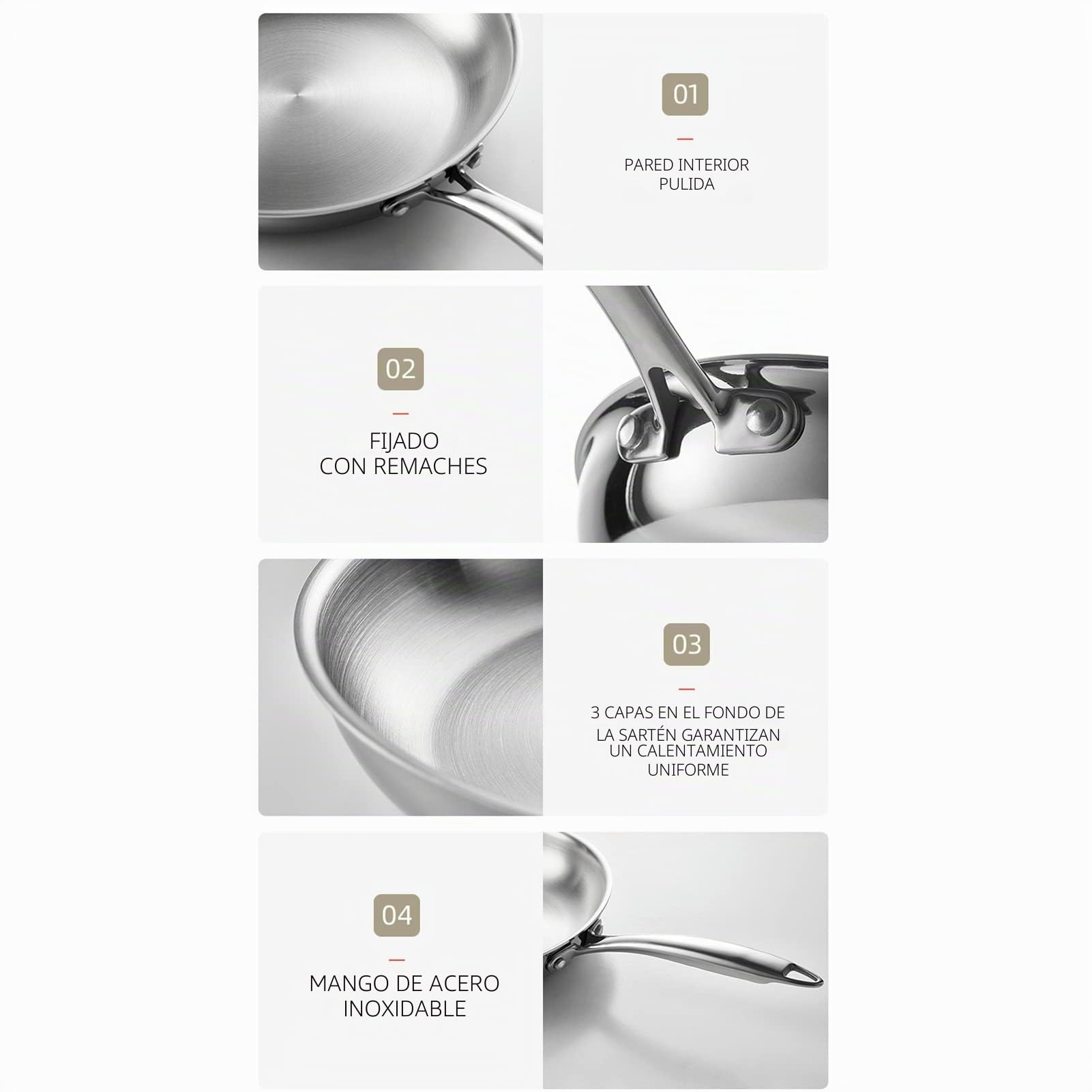 Sartén de acero inoxidable espesado 304 sin revestimiento 3 capas sartén profesional cacerolas sartén de acero inoxidable para cocinar (11.02 pulgadas)