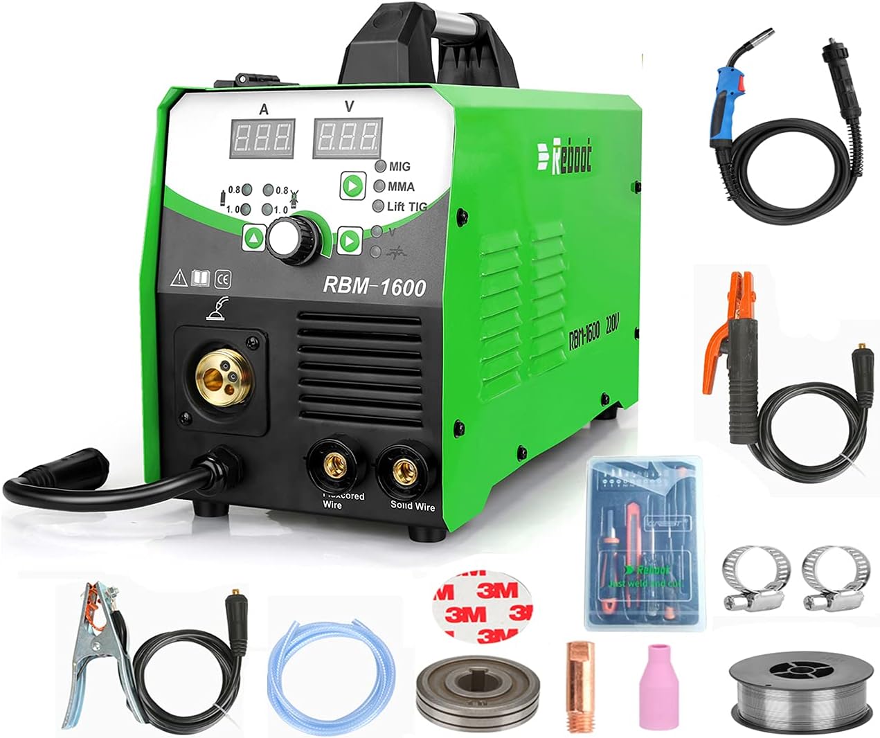 Reboot MIG Welder Flux Core 5 in 1 110/220V MIG155D Gas/Gasless 155 Amp Spool Gun Available Stick Mig TIG Welding Machine Solid Wire Automatic Feed Inverter MMA ARC Welding - - 