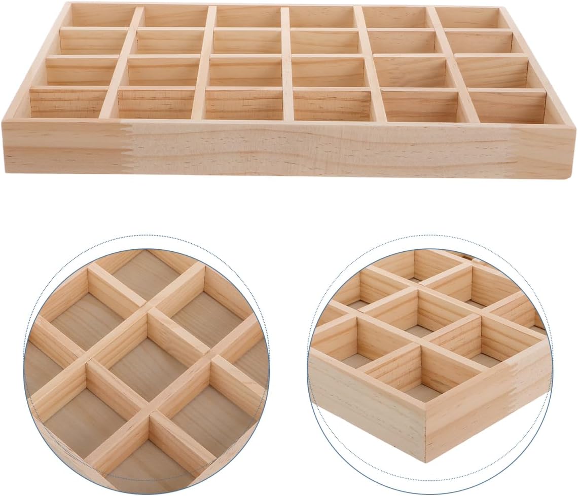 Veemoon 24grids Solid Wood Storage Divider Box Showcase Display Box Jewelry Organizer Tray Bead Organizer Ring Tray Necklace Charm Display