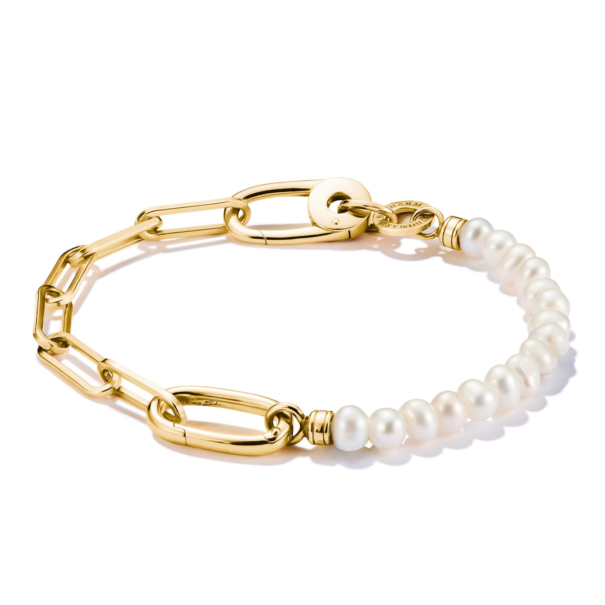 Charm-Armband mit Papiergliederkette & Süßwasserperlen – 925 Silber vergoldet – Connect Link zum Befestigen von Charms – Damen Schmuck goldplattiert