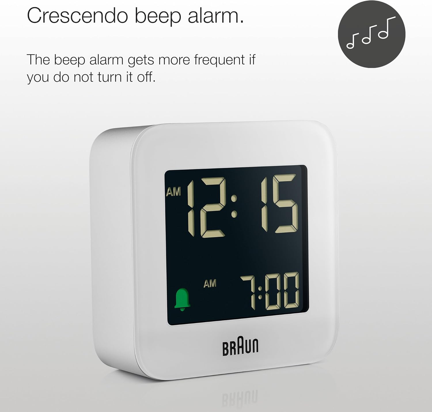 Braun Digital Travel Alarm Clock with Snooze, Compact Size, Negative LCD Display, Quick Set,Crescendo Beep Alarm in White, Model BC08W.