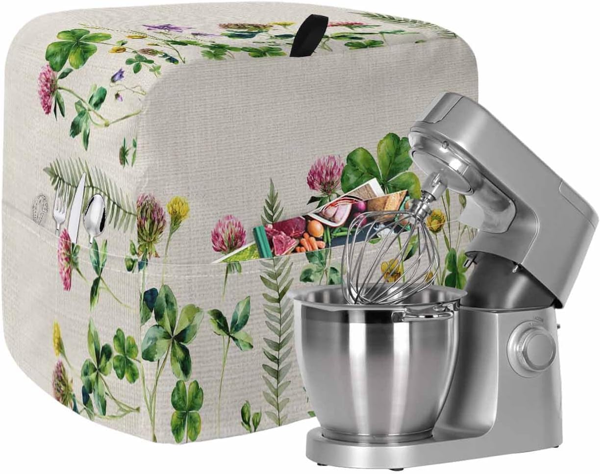 St. Patrick's Day Stand Mixer Cover with Storage Pocket, Waterproof Kitchen Mixer Covers, Colorful Shamrocks Floral Botanical Beige Kitchen Appliance Dust Cover Compatible with 4/4.5 Quart Mixers
