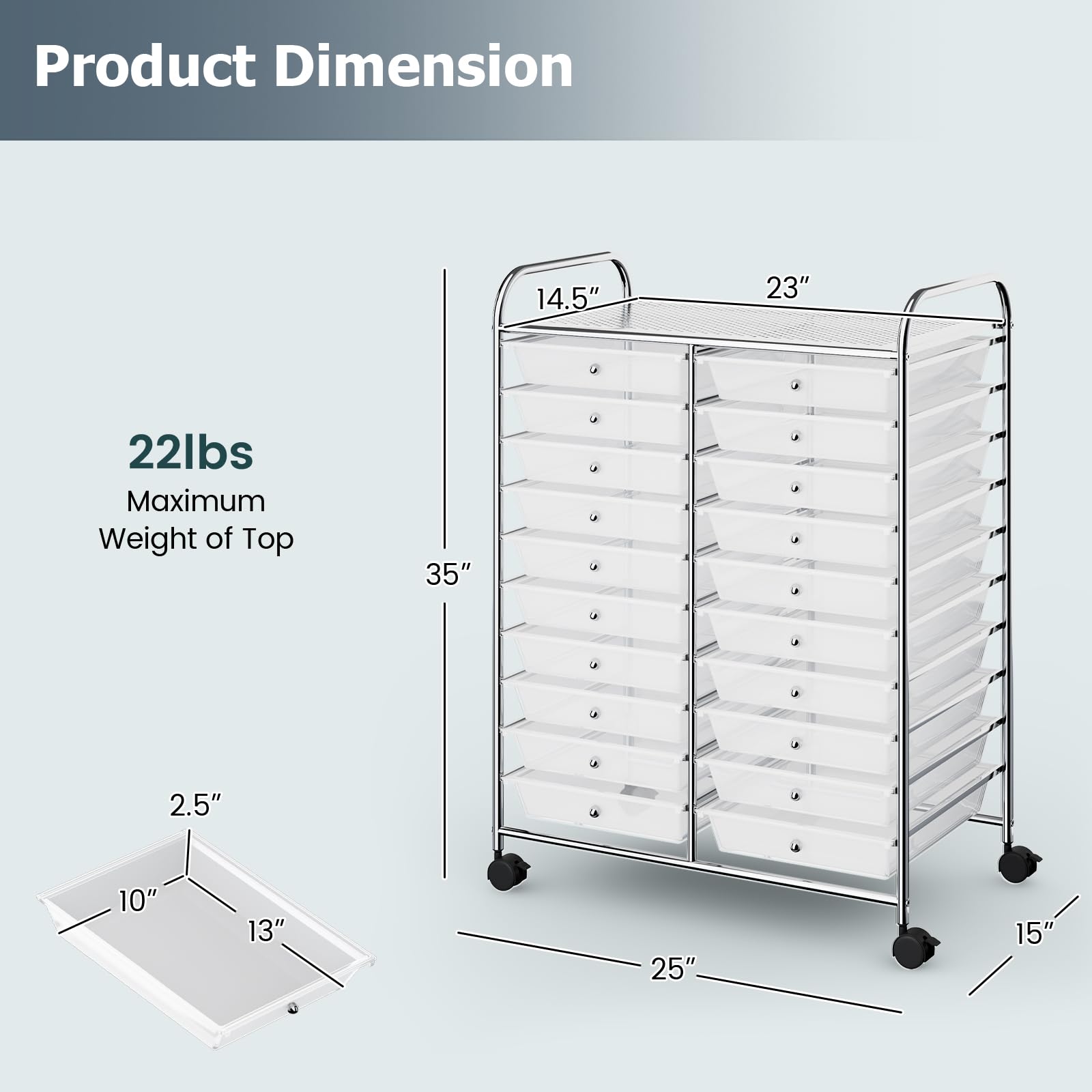 RELAX4LIFE 20 Drawer Rolling Storage Cart, Mobile Rolling Cart w/Drawers for School Classroom Teacher Office Home Salon, Paper File Art Supply Craft Organizer, Utility Cart on Wheels (Clear)