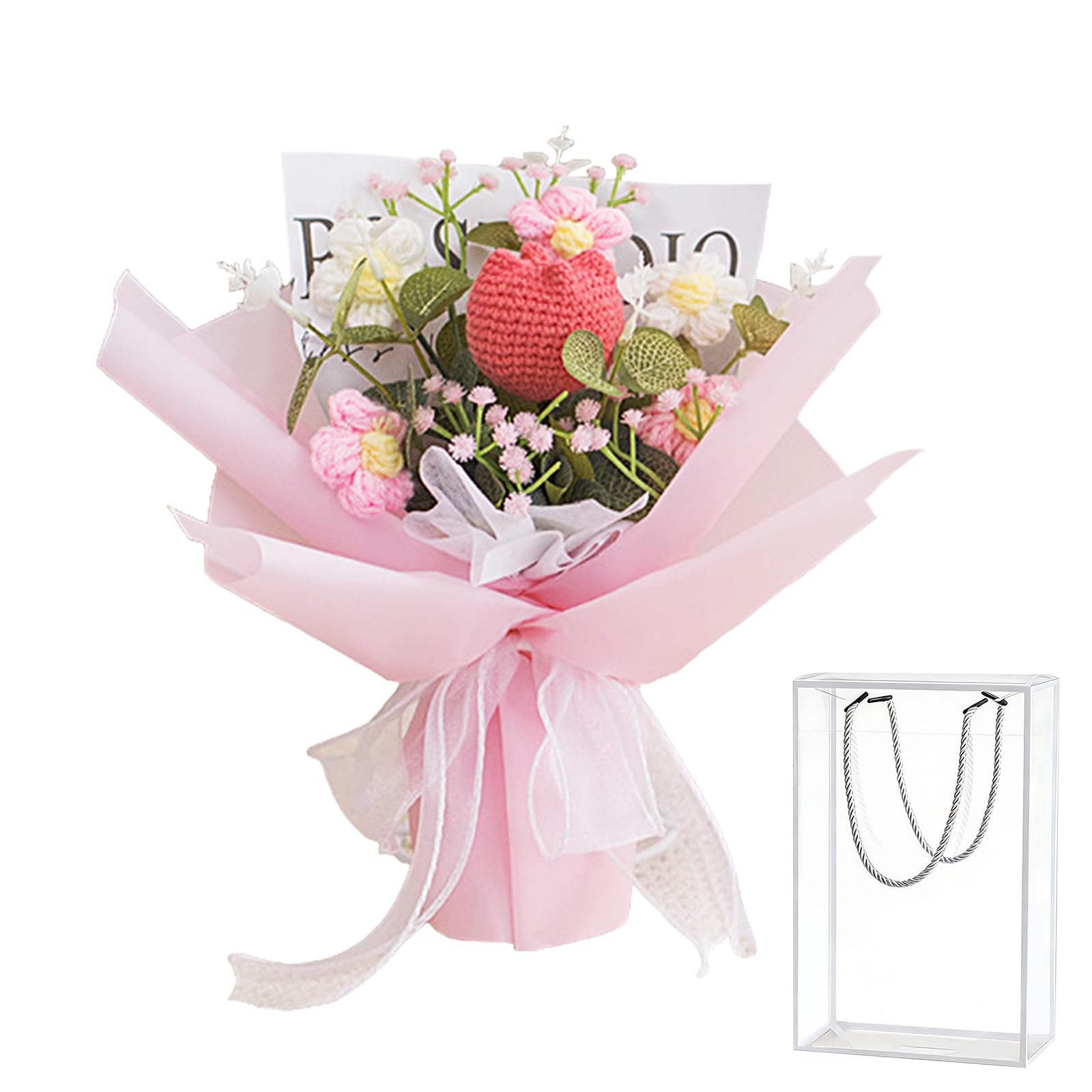 CutitiUU Artificial Tulip Crochet Flower Bouquet Fake Tulips Floral Arrangement Crochet Kits for Mom Birthday Anniversary Wedding Graduation Valentines Homecoming Bag Included (Pink)