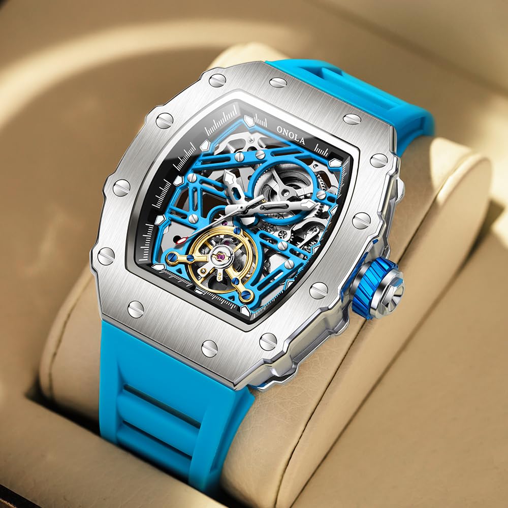 Tonneau, orologio da polso da uomo, completamente automatico, con timone, volano, orologio meccanico Tourbillon, scheletro, impermeabile, alla moda